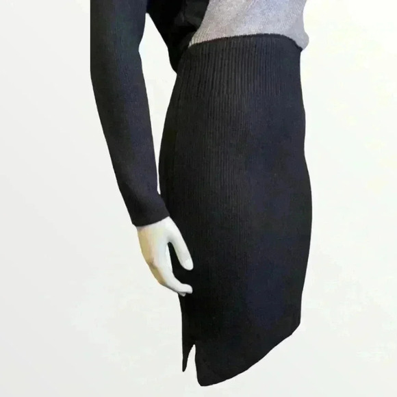 Sweater dress COLOR BLOCK ribbed knit faux wrap bodycon black gray women medium - Picture 9 of 16